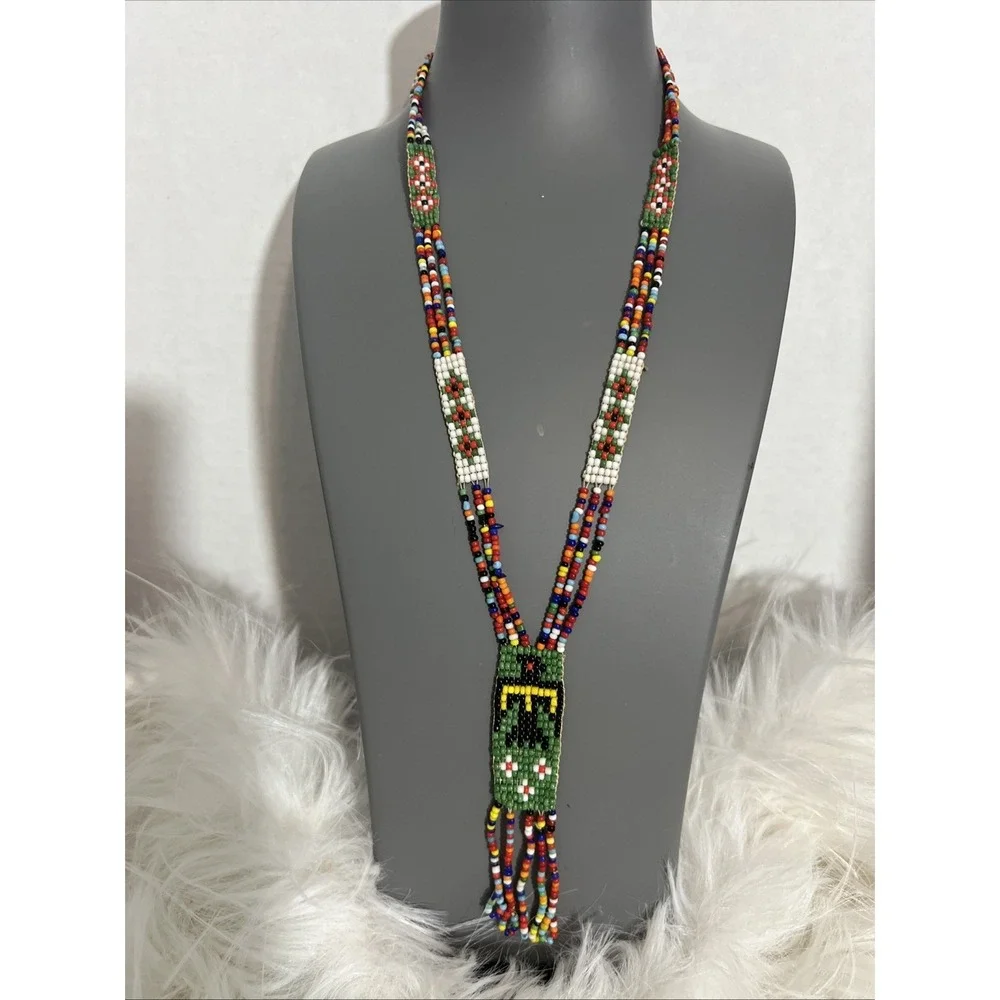 VTG Native American Handmade Seed Beaded Necklace Thunderbird Design Multicolor